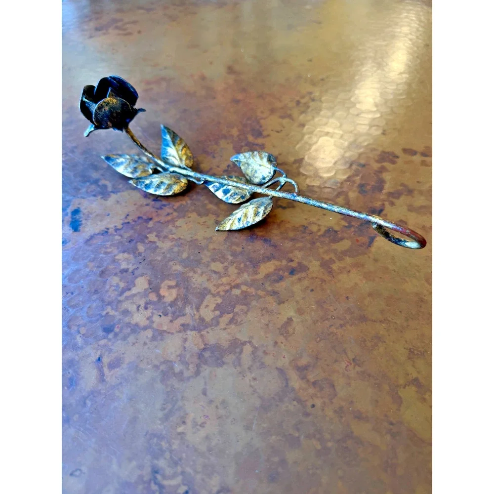 Vintage Tole Rose Candle Snuffer Gold Metal Flower Long Handle 9.5 in Antique